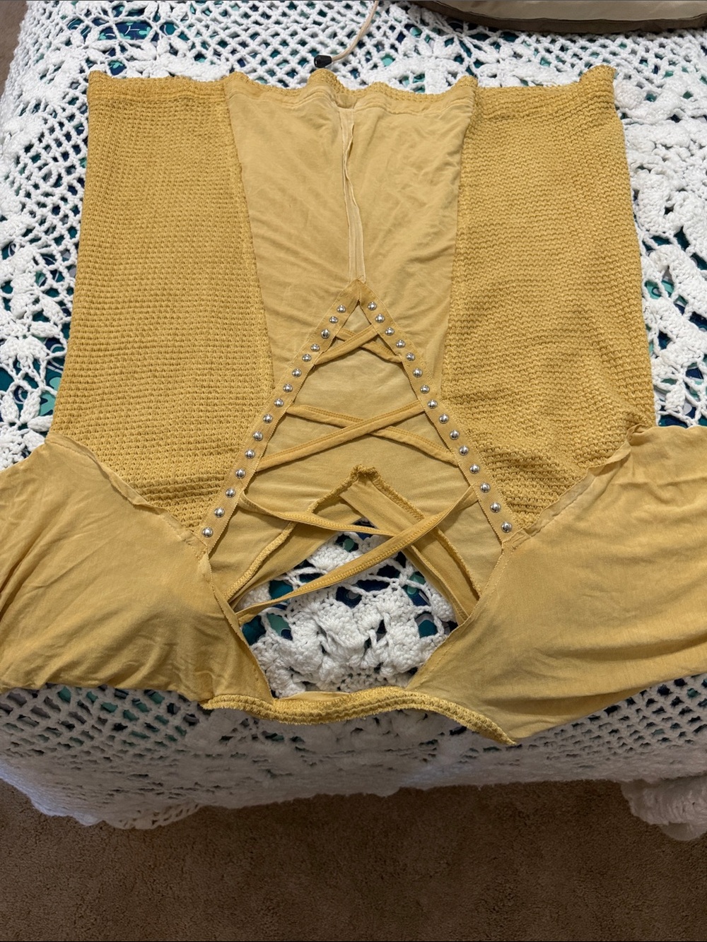 POL Mustard Yellow Lace-Up Bralette with Stud Accents